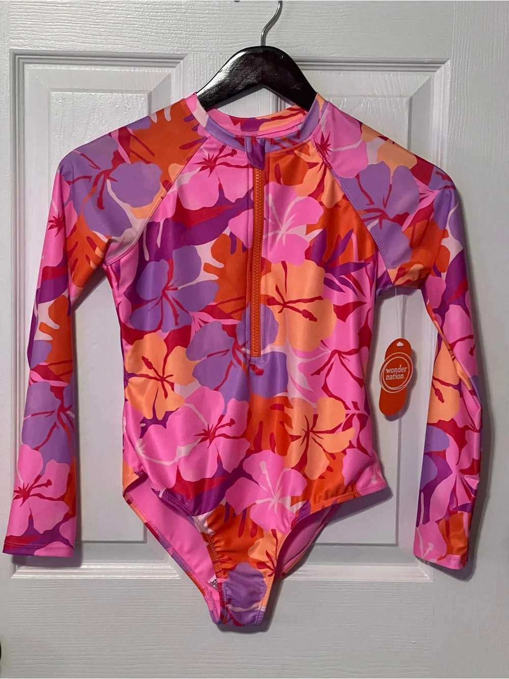 NWT Wonder Nation Girls 14/16 Hibiscus Floral Long Sleeve Rash Guard Swimsuit